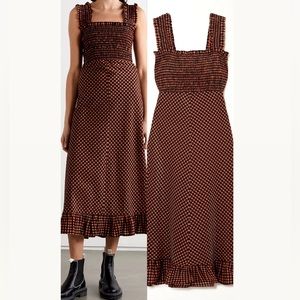 Ganni Smocked Gingham Plaid Seersucker Tank Midi Dress